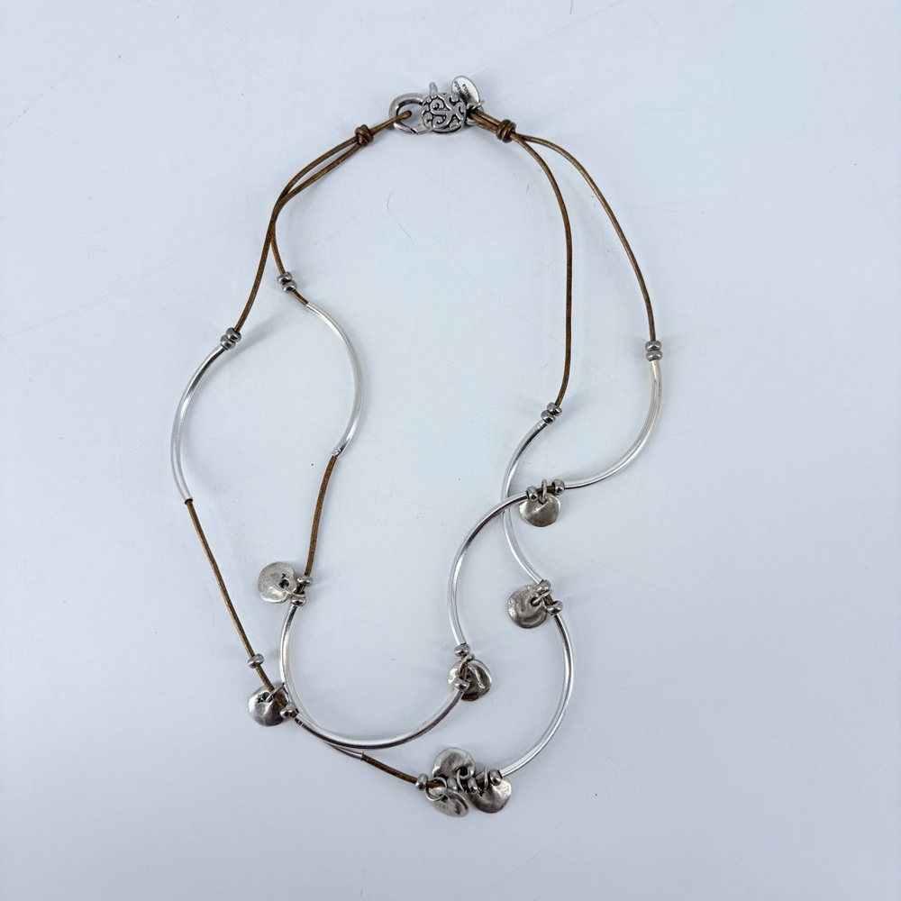Lizzy James Artisan Silver Tone Leather Necklace Curved Rods and Dangles - Picture 2 of 5